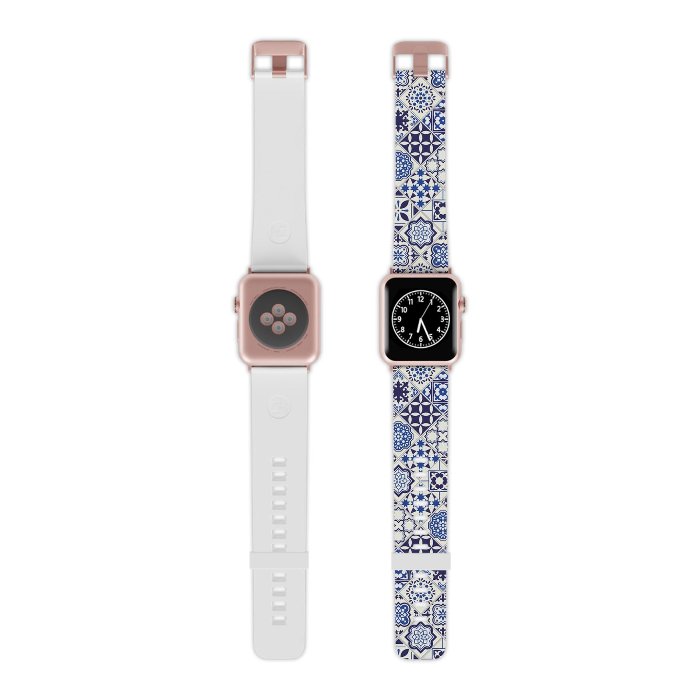 Two smartwatches with blue and white portuguese tile patterned and plain bands on a white background