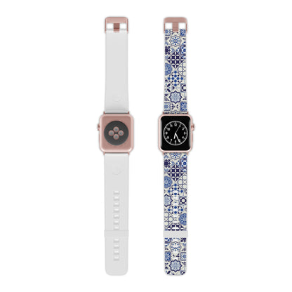 Two smartwatches with blue and white portuguese tile patterned and plain bands on a white background