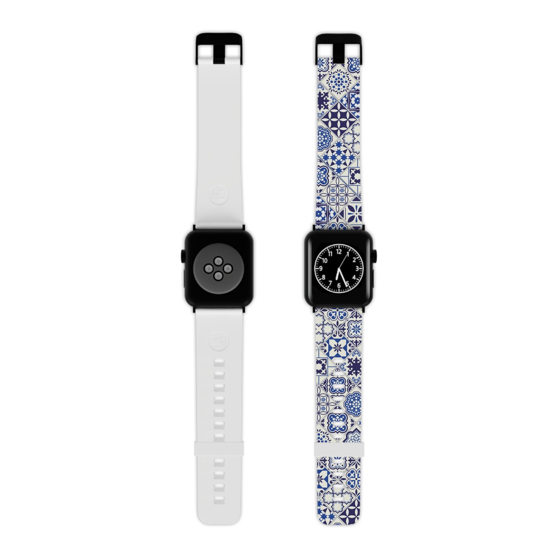 Two Apple Watch bands on a white background, one white and one with blue and white tile pattern.