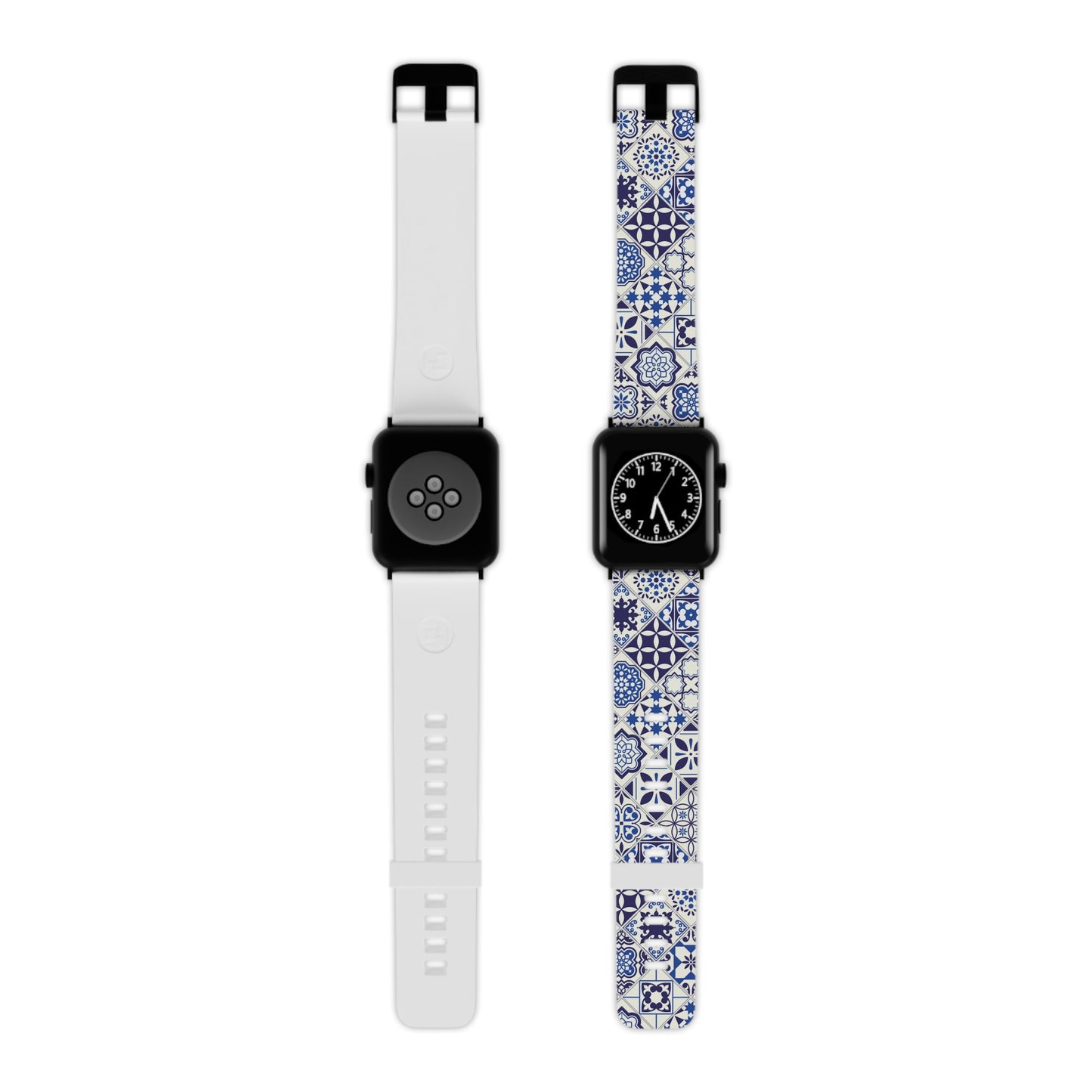 Two smartwatches with blue and white tile patterned and plain bands on a white background