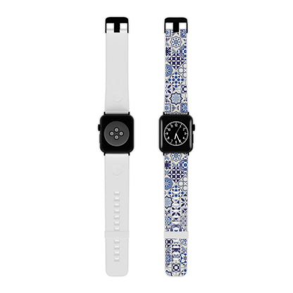 Two smartwatches with blue and white tile patterned and plain bands on a white background