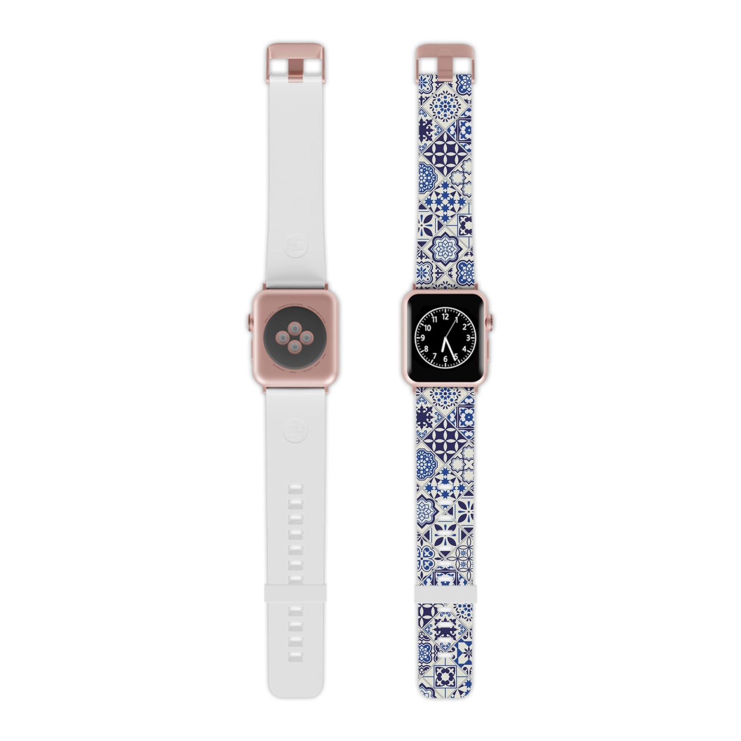 Two smartwatches with blue and white tile patterned and plain bands on a white background