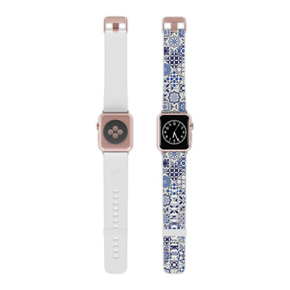 Two smartwatches with blue and white tile patterned and plain bands on a white background
