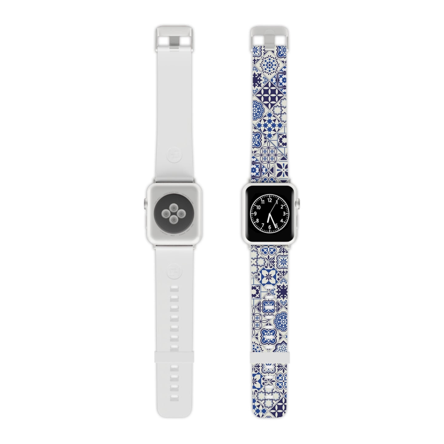 Two watch bands on a white background, one white and one with blue and white tile pattern.