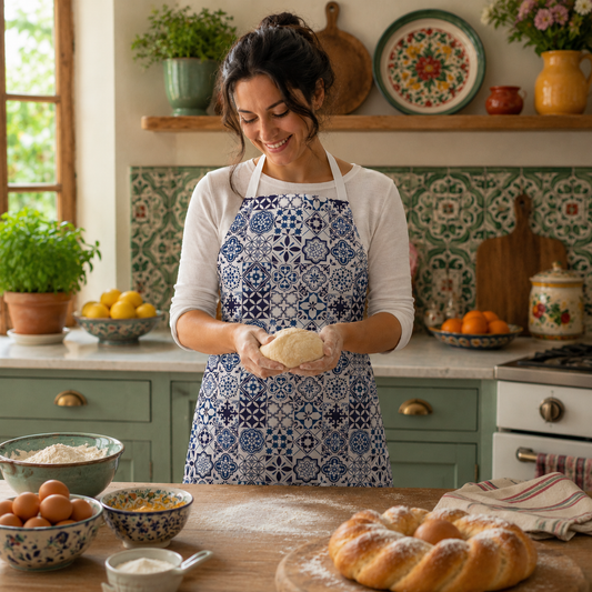 A woman wearing a blue and white patterned kitchen apron smiles while holding dough in a rustic, beautifully decorated kitchen with green cabinets, tiled backsplash, and fresh ingredients.