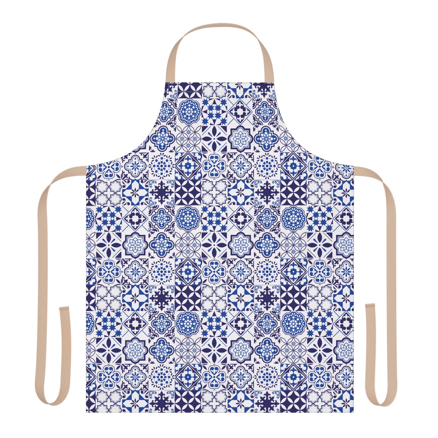 A kitchen apron with a blue and white Portuguese tile pattern, featuring beige neck and waist straps, displayed on a solid white background.