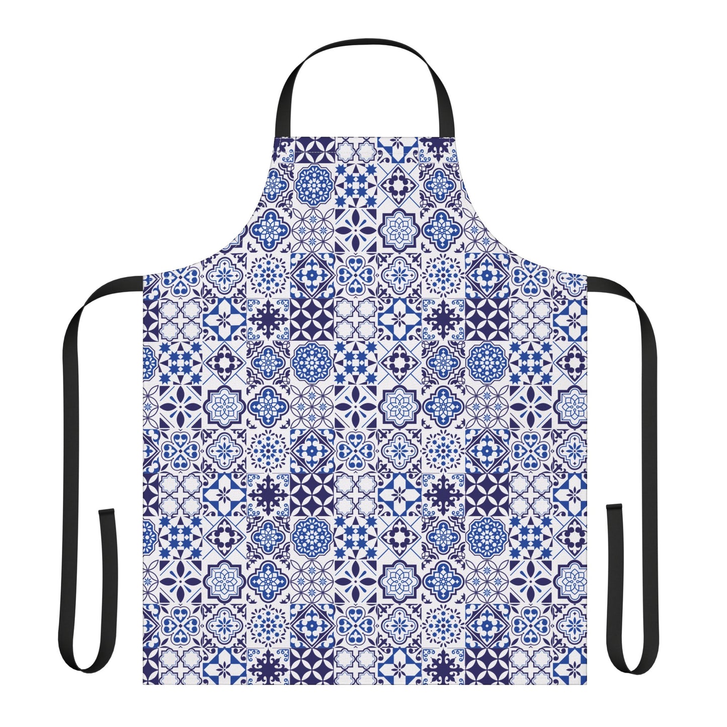 A kitchen apron with a blue and white Portuguese tile pattern, featuring black neck and waist straps, displayed on a solid white background.