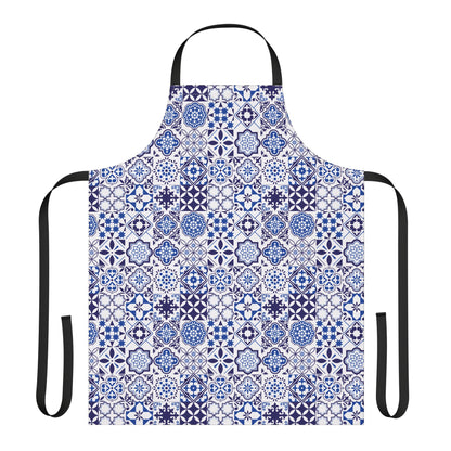 A kitchen apron with a blue and white Portuguese tile pattern, featuring black neck and waist straps, displayed on a solid white background.