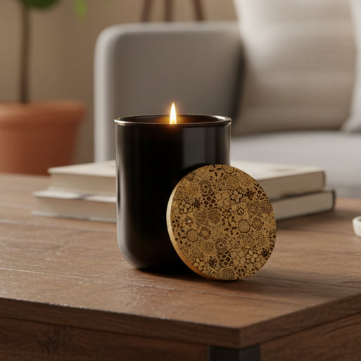 A black glass jar candle with a single lit wick and a round wooden lid featuring an intricate dark brown floral and geometric pattern, set against a plain white background.