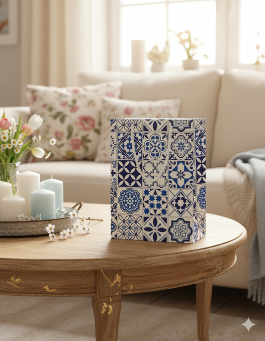 Decorative box with a blue and white tile pattern on a wooden table in a living room.