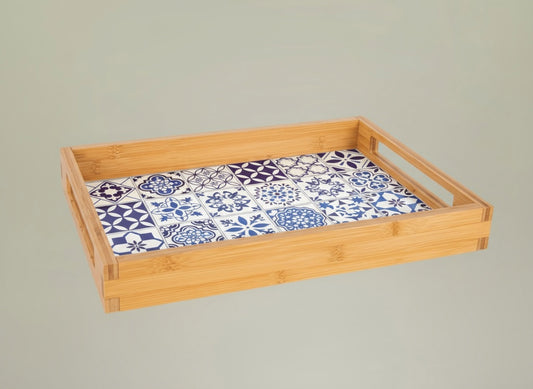 Bamboo tray with a blue and white tile patterned on a gray background