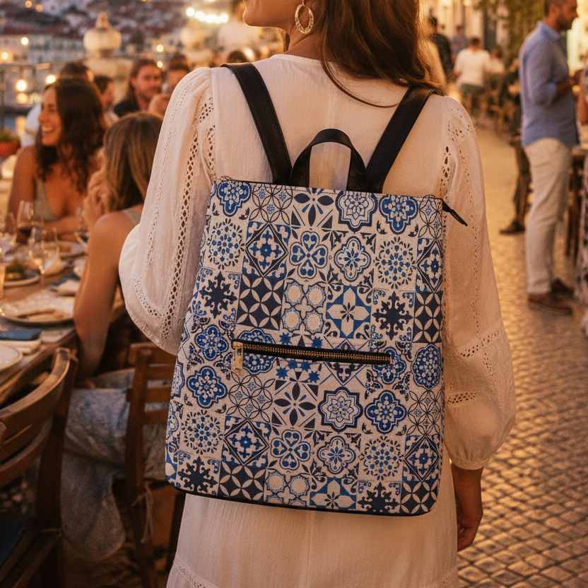 A woman seen from behind at an outdoor evening restaurant, wearing a blue and white patterned backpack with black shoulder straps. The background shows a lively dining scene with warm string lights and a scenic city view in the distance.