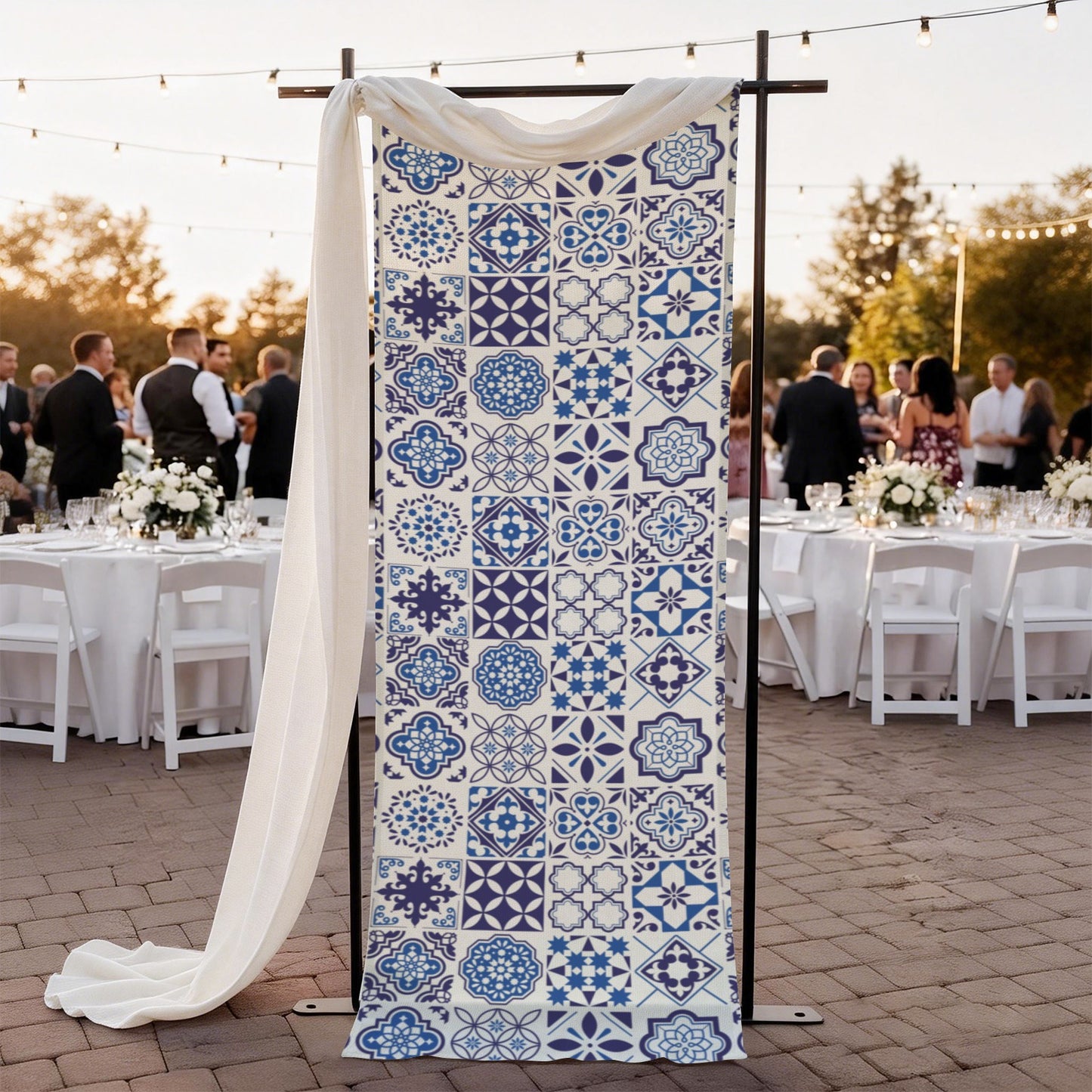 Azul Linen Tapestry (24x75") featuring Portuguese tile inspired blue azulejo patterns. Perfect for weddings, table runners, wall decor, and elegant event styling.