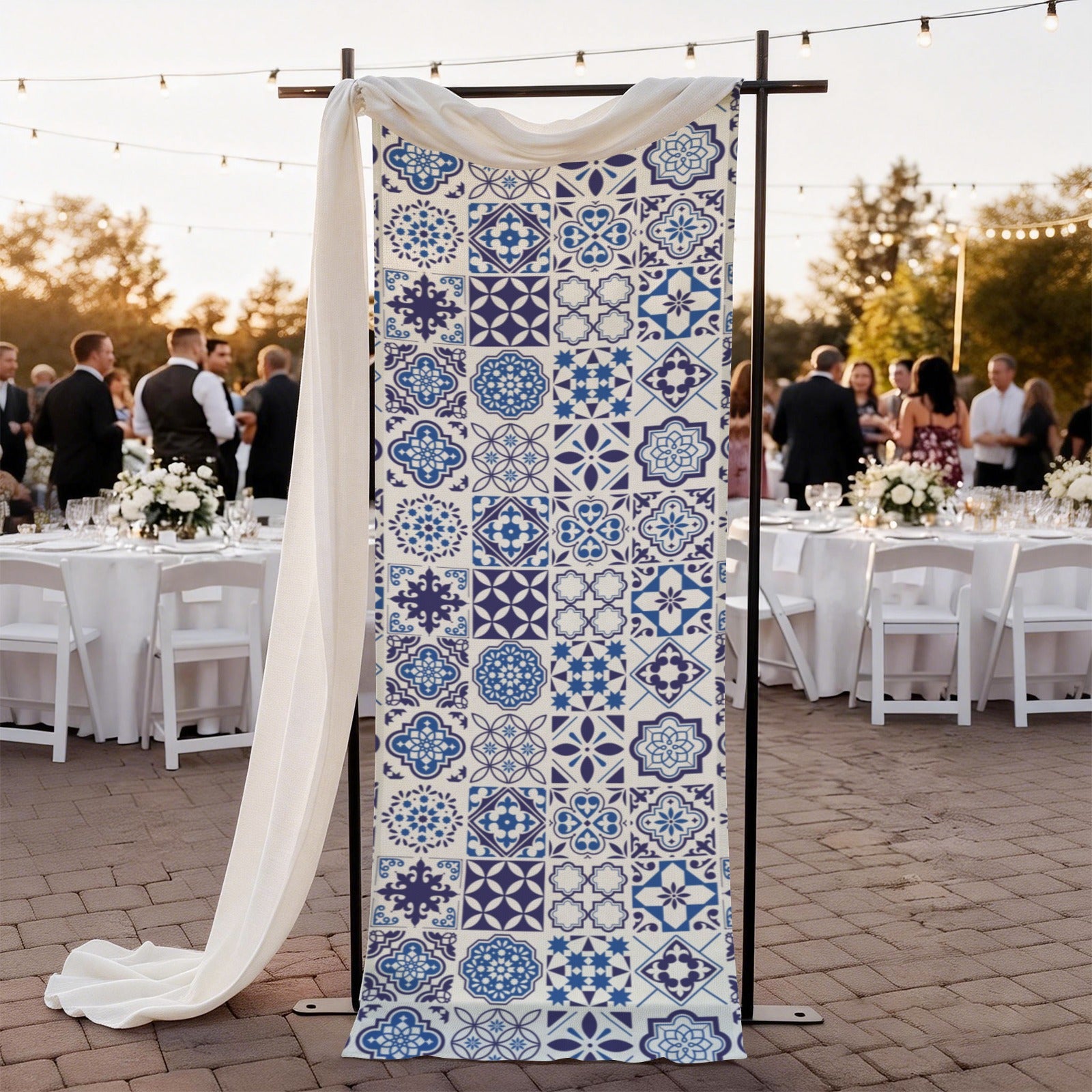 Azul Linen Tapestry (24x75") featuring Portuguese tile inspired blue azulejo patterns. Perfect for weddings, table runners, wall decor, and elegant event styling.