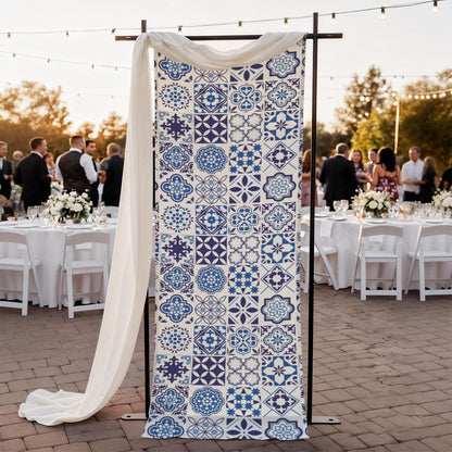 Azul Linen Tapestry (24x75") featuring Portuguese tile inspired blue azulejo patterns. Perfect for weddings, table runners, wall decor, and elegant event styling.