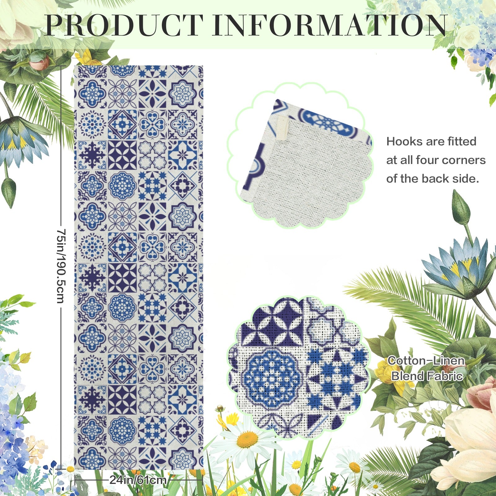 Azul Linen Tapestry (24x75") featuring Portuguese tile inspired blue azulejo patterns. Perfect for weddings, table runners, wall decor, and elegant event styling.