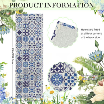 Azul Linen Tapestry (24x75") featuring Portuguese tile inspired blue azulejo patterns. Perfect for weddings, table runners, wall decor, and elegant event styling.