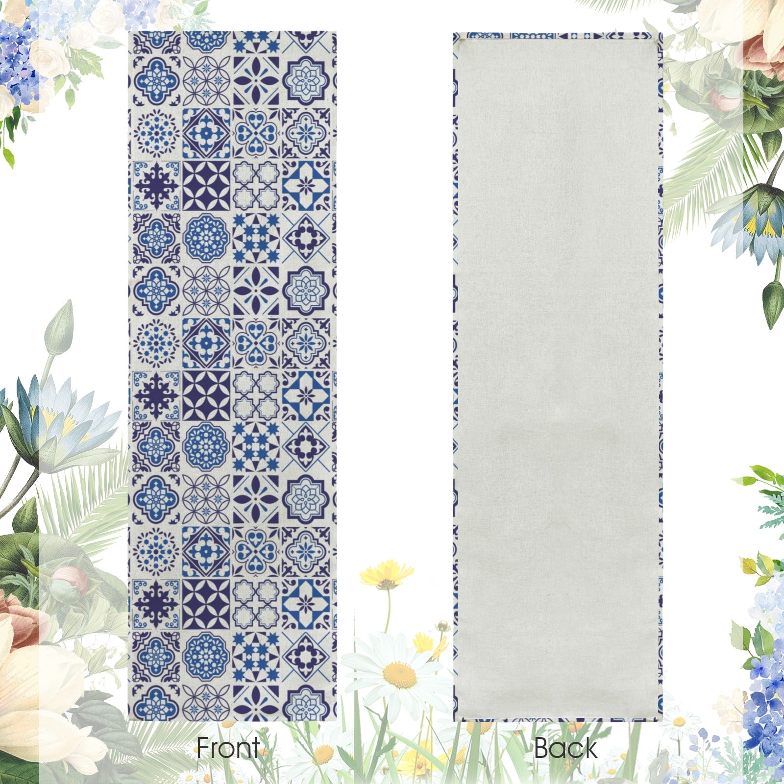Azul Linen Tapestry (24x75") featuring Portuguese tile inspired blue azulejo patterns. Perfect for weddings, table runners, wall decor, and elegant event styling.