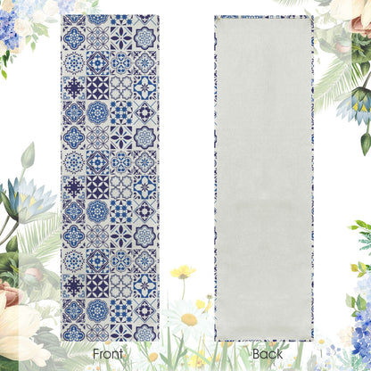 Azul Linen Tapestry (24x75") featuring Portuguese tile inspired blue azulejo patterns. Perfect for weddings, table runners, wall decor, and elegant event styling.