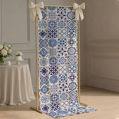 Azul Linen Tapestry (24x75") featuring Portuguese tile inspired blue azulejo patterns. Perfect for weddings, table runners, wall decor, and elegant event styling.