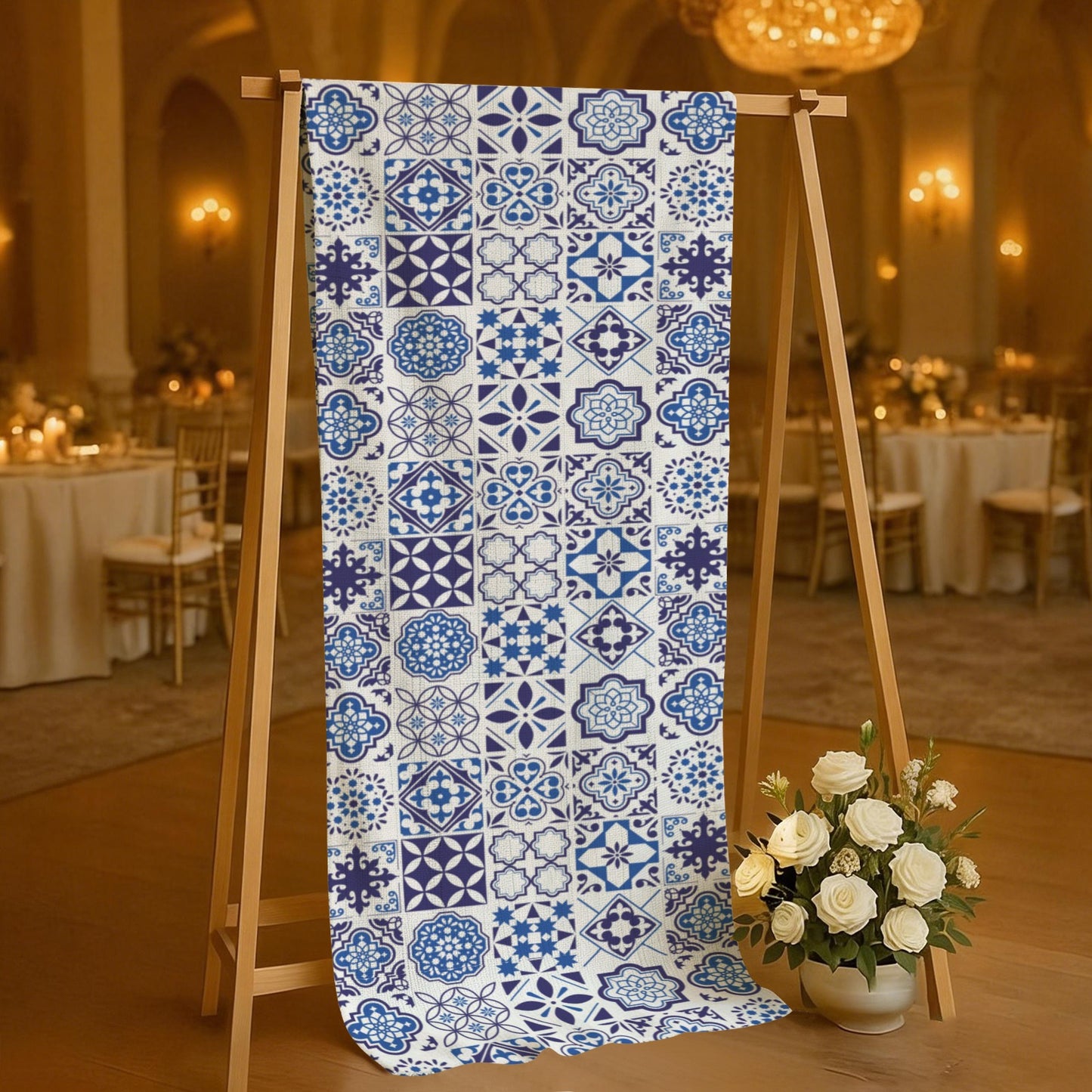 Azul Linen Tapestry featuring Portuguese tile inspired blue azulejo patterns. Perfect for weddings, table runners, wall decor, and elegant event styling.