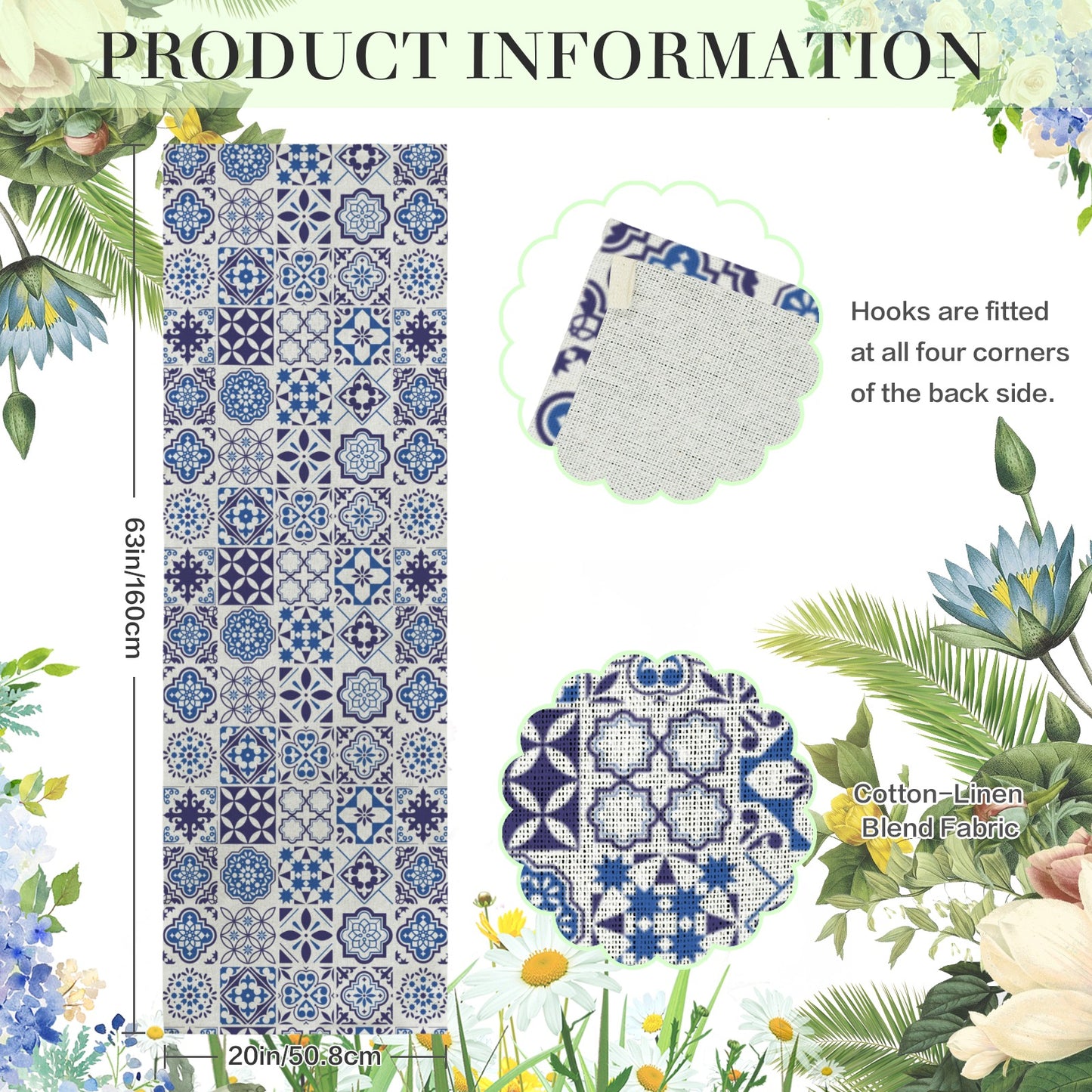 Azul Linen Tapestry featuring Portuguese tile inspired blue azulejo patterns. Perfect for weddings, table runners, wall decor, and elegant event styling.