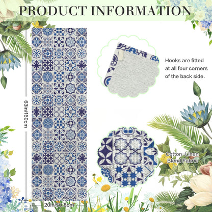 Azul Linen Tapestry featuring Portuguese tile inspired blue azulejo patterns. Perfect for weddings, table runners, wall decor, and elegant event styling.