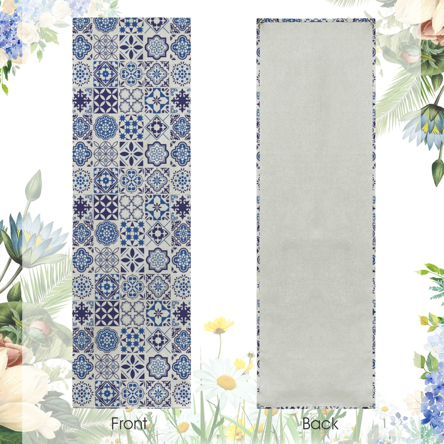 Azul Linen Tapestry featuring Portuguese tile inspired blue azulejo patterns. Perfect for weddings, table runners, wall decor, and elegant event styling.