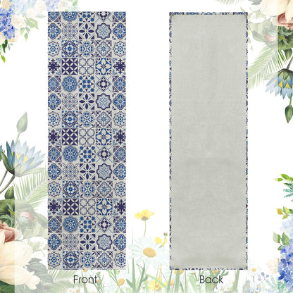 Azul Linen Tapestry featuring Portuguese tile inspired blue azulejo patterns. Perfect for weddings, table runners, wall decor, and elegant event styling.