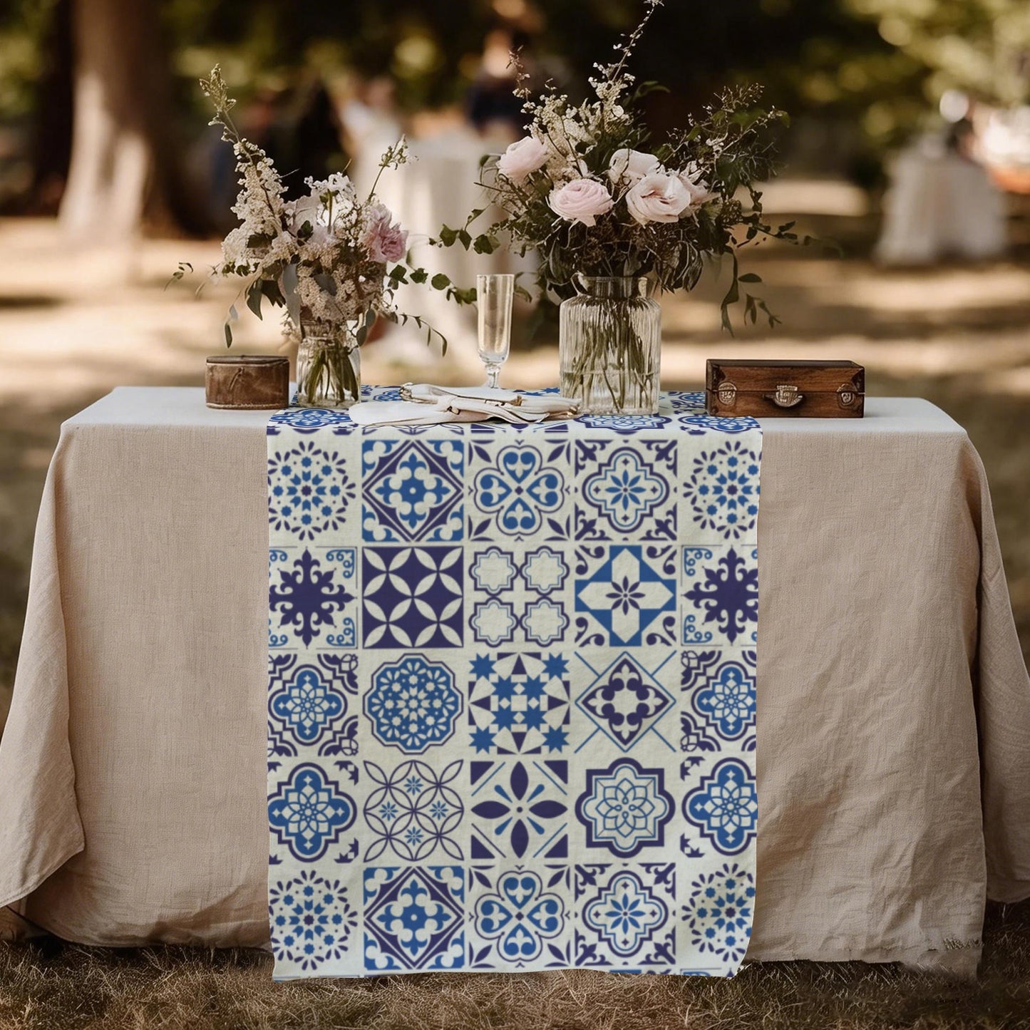 Azul Linen Tapestry featuring Portuguese tile inspired blue azulejo patterns. Perfect for weddings, table runners, wall decor, and elegant event styling.