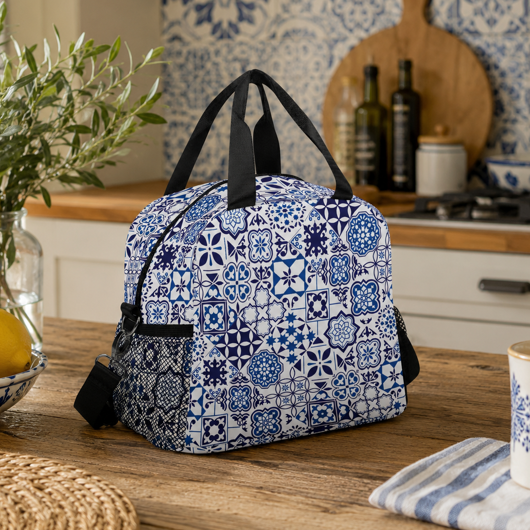 A blue and white patterned lunch bag with black handles sits on a wooden table in a kitchen setting, surrounded by lemons, a mug, and kitchen items.