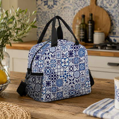A blue and white patterned lunch bag with black handles sits on a wooden table in a kitchen setting, surrounded by lemons, a mug, and kitchen items.