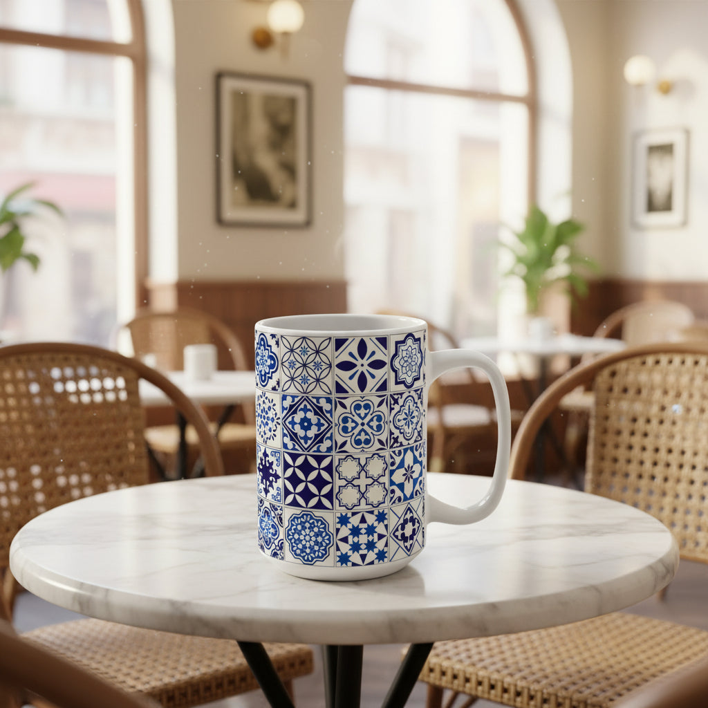 Mug with blue and white azulejo pattern on a white background