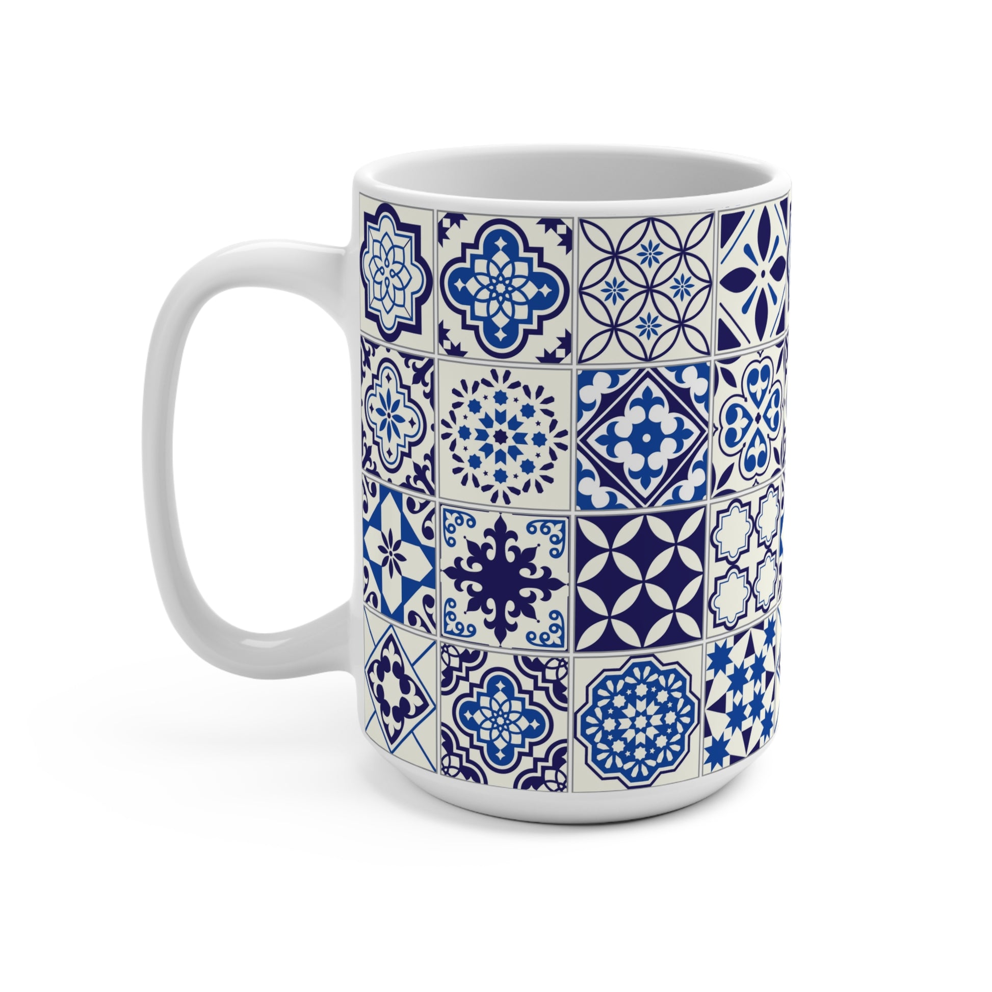 Mug with blue and white azulejo pattern on a white background