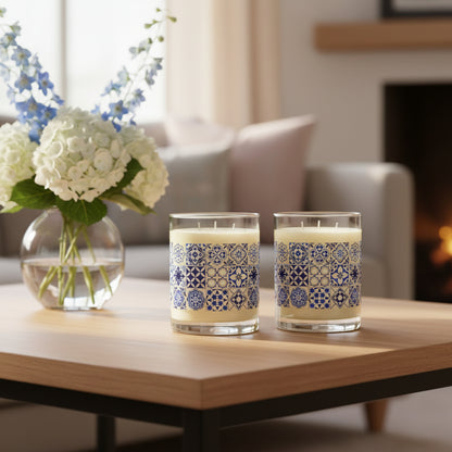 Candles with blue and white tile patterned in a living room setting