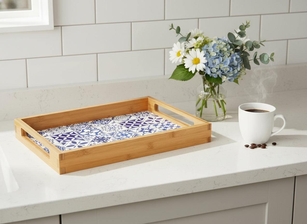 Bamboo tray with a blue and white Portuguese tile patterned on a white kitchen counter with flowers and coffee