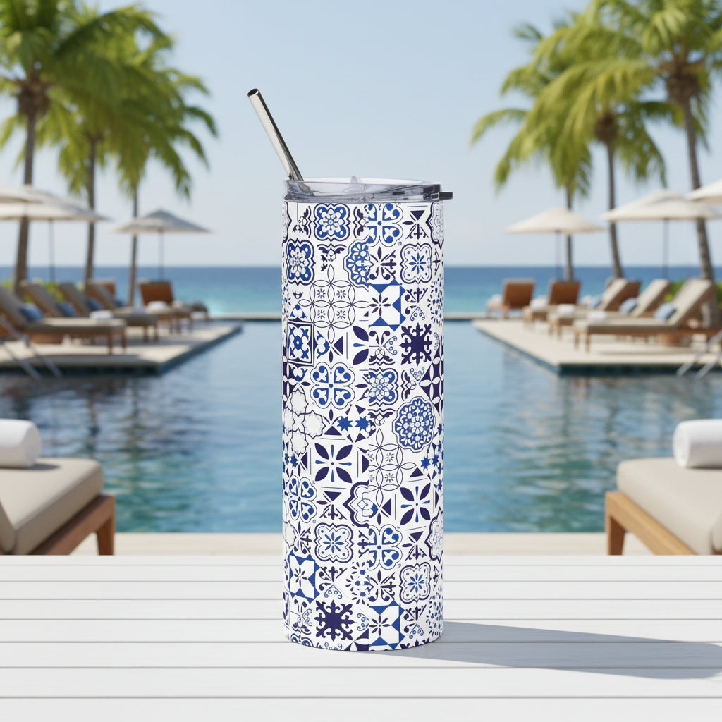 Tumbler with blue floral pattern on a white background