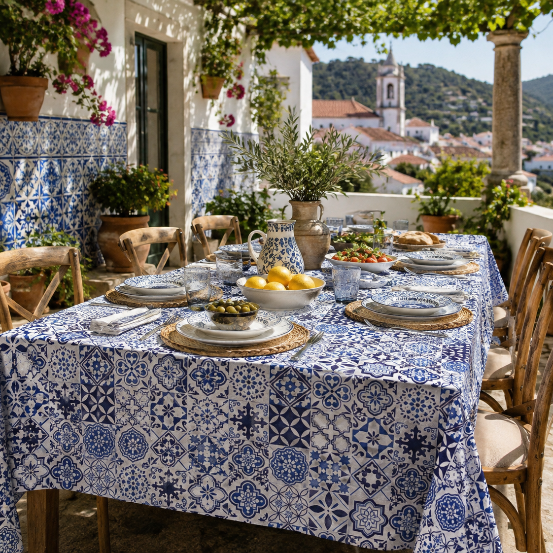 A blue and white patterned tablecloth covers a dining table set with plates, glasses, and woven placemats on a sunlit outdoor terrace with tiled walls and a scenic hillside view in the background.