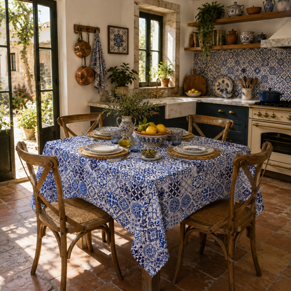A square dining table covered with a blue and white patterned tablecloth, surrounded by four wooden chairs in a sunlit Mediterranean-style kitchen. The table is set with plates, woven placemats, a bowl of lemons, and greenery.