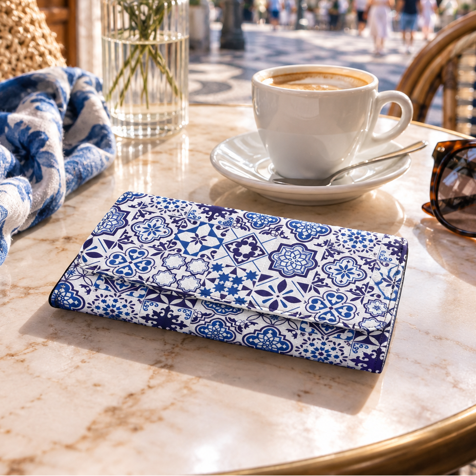 A blue and white patterned clutch wallet lies on a marble cafe table next to a white coffee cup, sunglasses, a woven bag, and a vase of flowers, with a blurred outdoor plaza in the background.