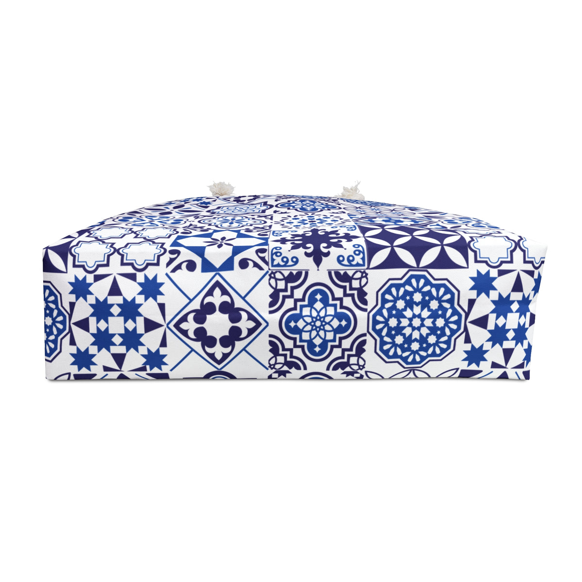 Tote bottom with blue and white pattern on a white background