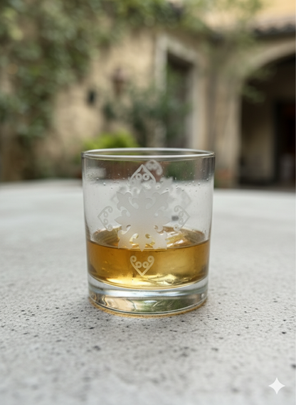 Glass of whiskey with ice cubes on a concrete surface outdoors