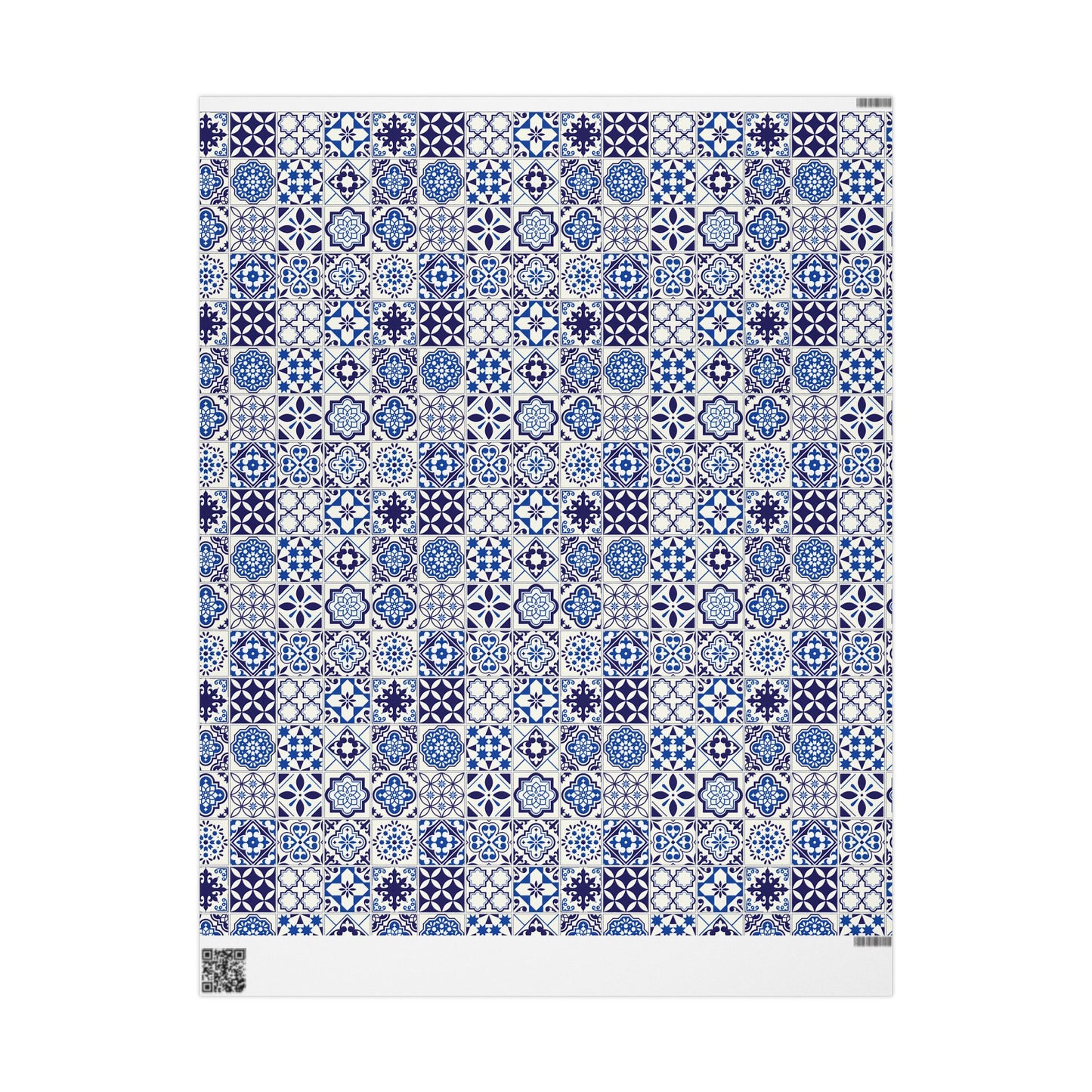 Patterned fabric with blue and white geometric design on a white background