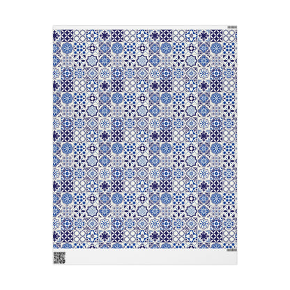 Patterned fabric with blue and white geometric design on a white background