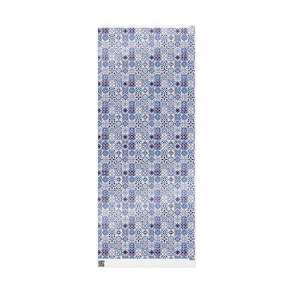 Patterned blue and white towel on a white background