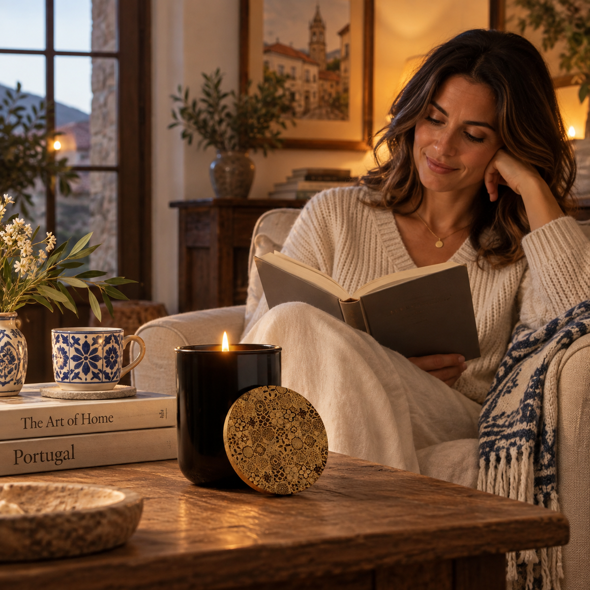 woman reading a book in a cozy living room with a candle lit and the cover has a portuguese tile engraved design