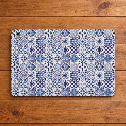 A protective case for an iPad, featuring a detailed blue and white Portuguese azulejo tile pattern, shown on a plain white background.