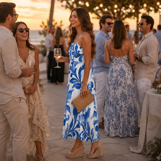 A woman in a blue and white floral midi dress stands outdoors at a sunset party, holding a wine glass and clutch. Other guests are visible in the background, including a woman in a matching blue floral dress.