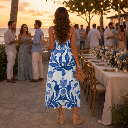 A woman stands with her back to the camera wearing a white midi dress with a bold blue floral pattern, holding a brown clutch and glasses, at an outdoor evening wedding reception by the ocean.