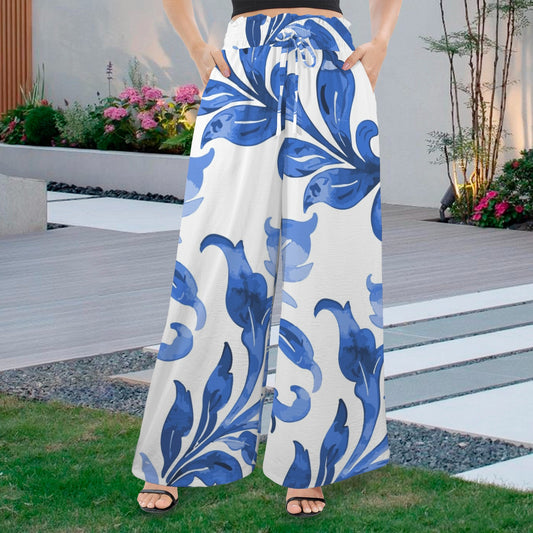 Azulina high-waisted wide-leg pants in blue and white tropical floral print.